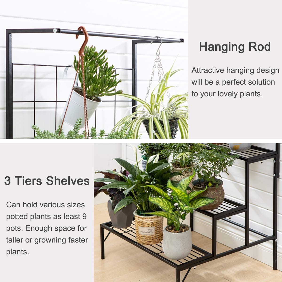 Plant Stand Metal 3-Tier with Hanging Planter Shelves