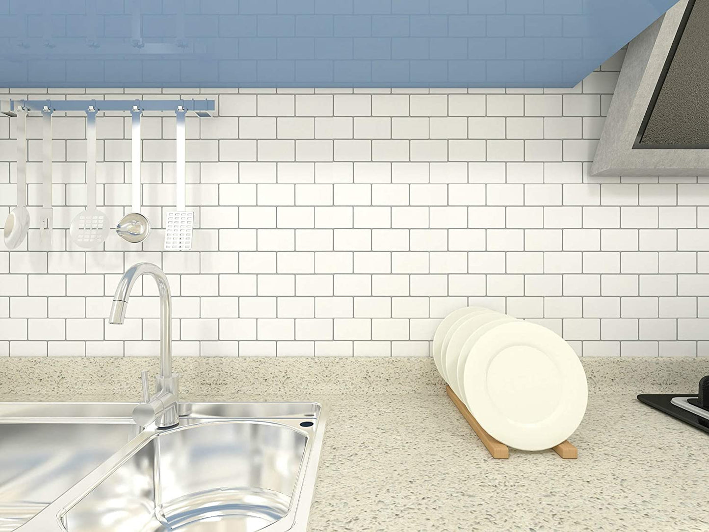 5-Sheet self-adhesive 3D tiles Peel and Stick Backsplash, 30cm x 30 cm. Subway 3D Wall Panels, Mono White with Gray Grout