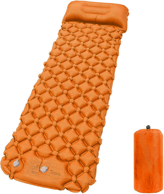 Ultralight Foot Press Camping Mat Inflatable Air Mattress with Pillow - Orange