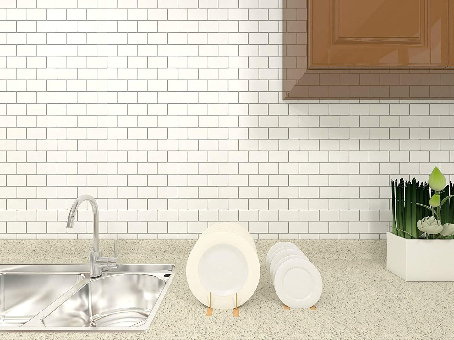 5-Sheet self-adhesive 3D tiles Peel and Stick Backsplash, 30cm x 30 cm. Subway 3D Wall Panels, Mono White with Gray Grout