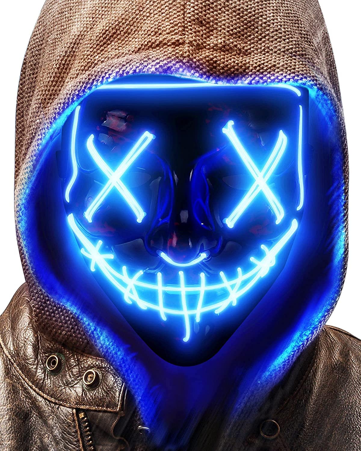 Scary LED Halloween Mask Masquerade Cosplay Light Up Face Mask for Men Women Kids Light Blue