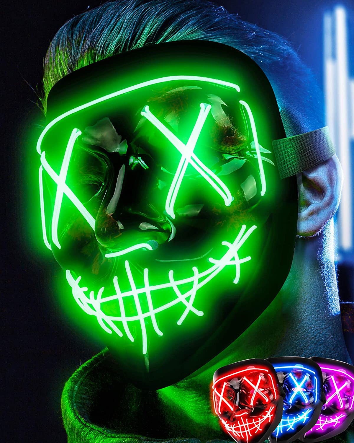 Colplay LED Light Up Halloween Mask,Scary Glow LED Face Mask with 3 lighting Modes & El Wire for Costume&Cosplay Party - Green