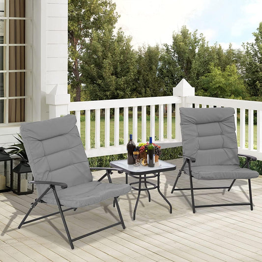 3 Piece Folding Chair Set Outdoor Furniture Adjustable Reclining Bistro Set with Classic Grey Cushions