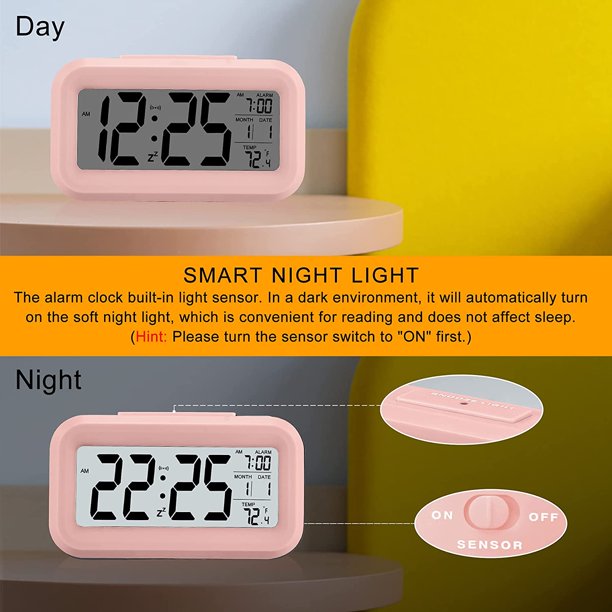 Smart LCD Night Light Digital Date Temperature Alarm Clock Black