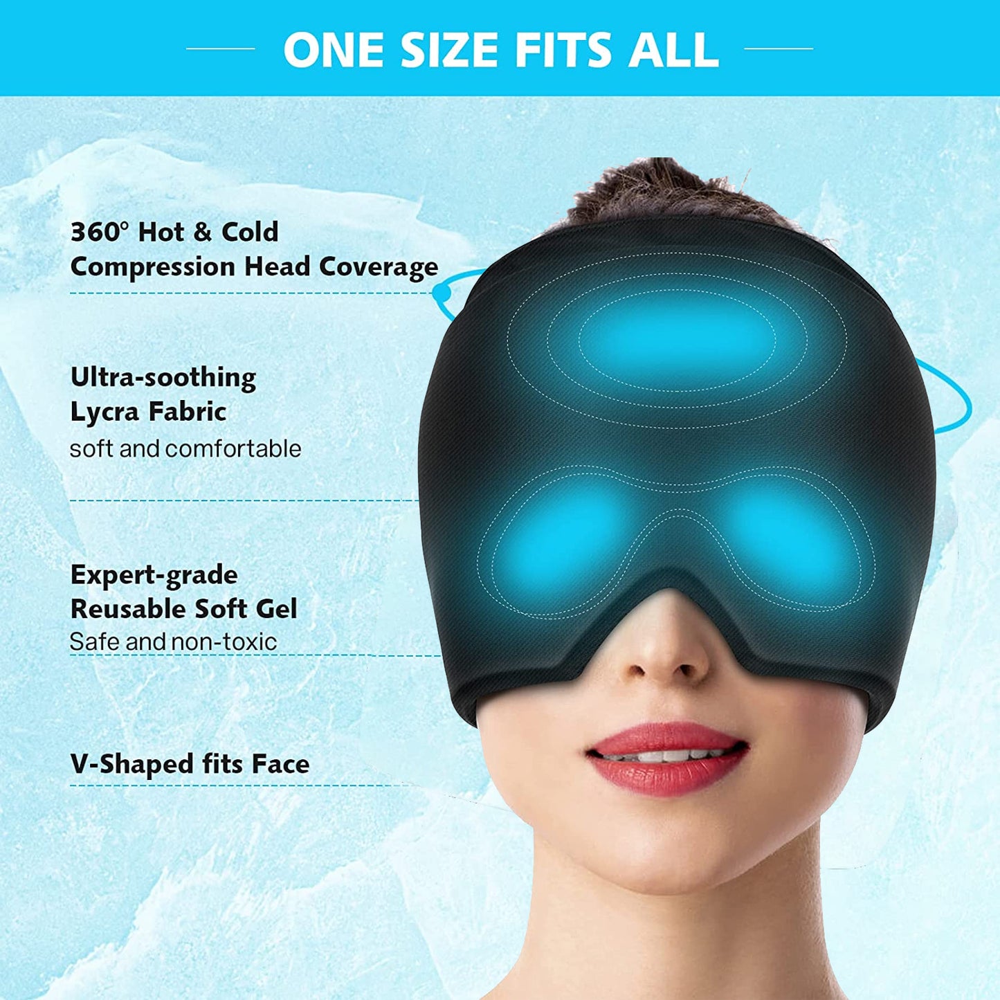 Double Form Fitting Head Gel Ice Cap, Cold Therapy  Ice Head Wrap Ice Pack Mask, Cold Cap, Migraine Relief Cap