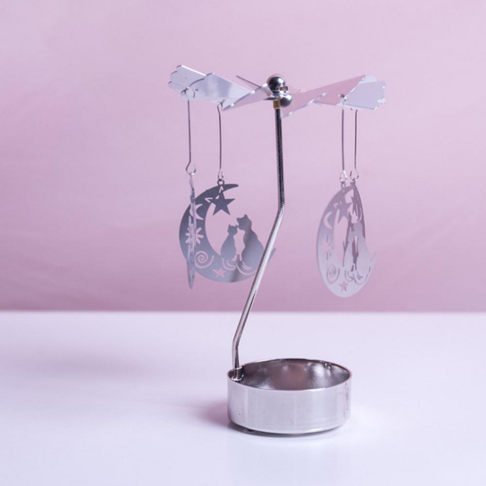 Rotating Candle Holder Metal Silver Tealight Candle Holder - Cat on the moon