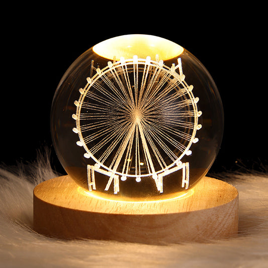 3D Ferris Wheel Crystal Ball Night Light Dimmable Warm White Night Lights Wooden Base