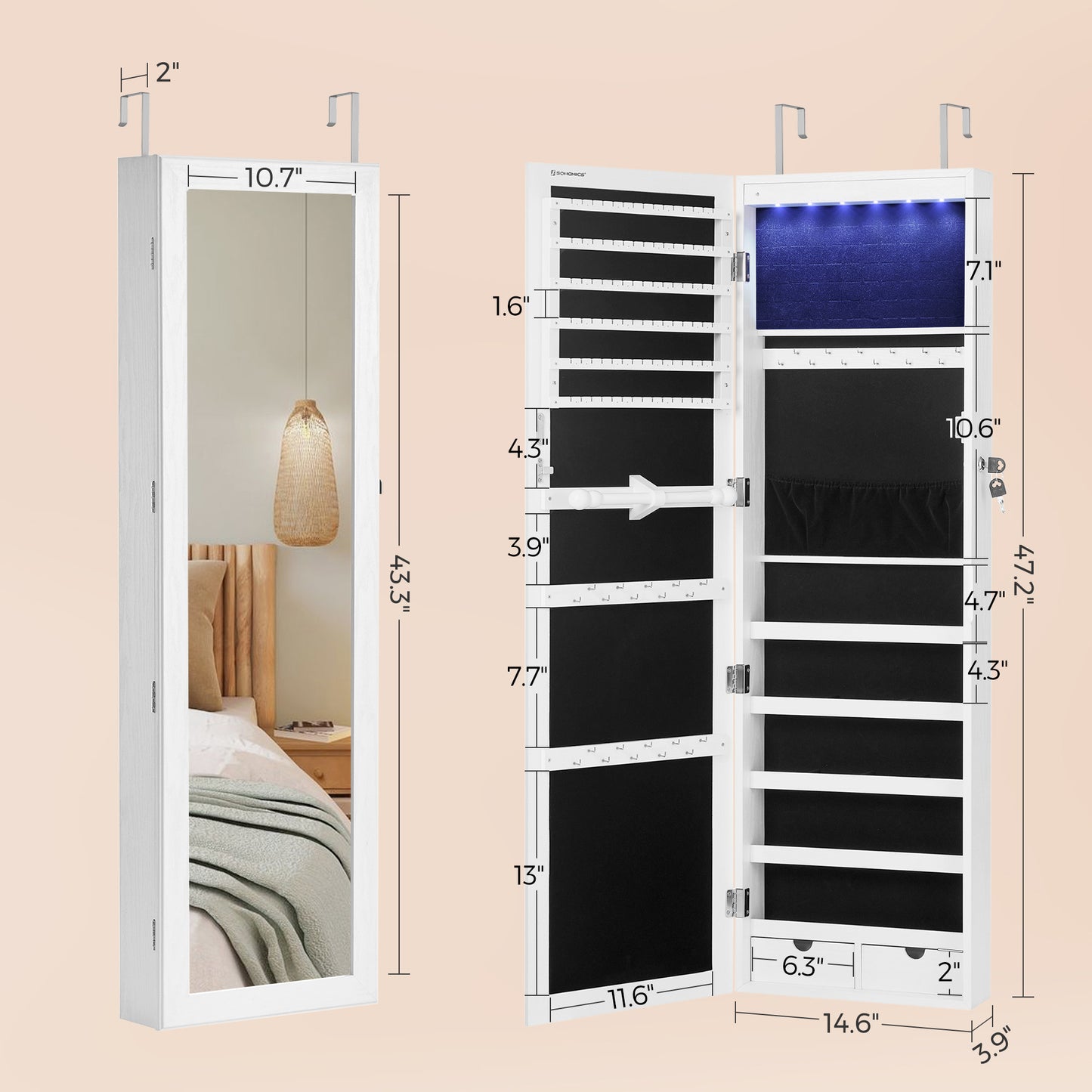 SONGMICS 6 LEDs Mirror Jewelry Cabinet, 47.2-Inch * Clearance*