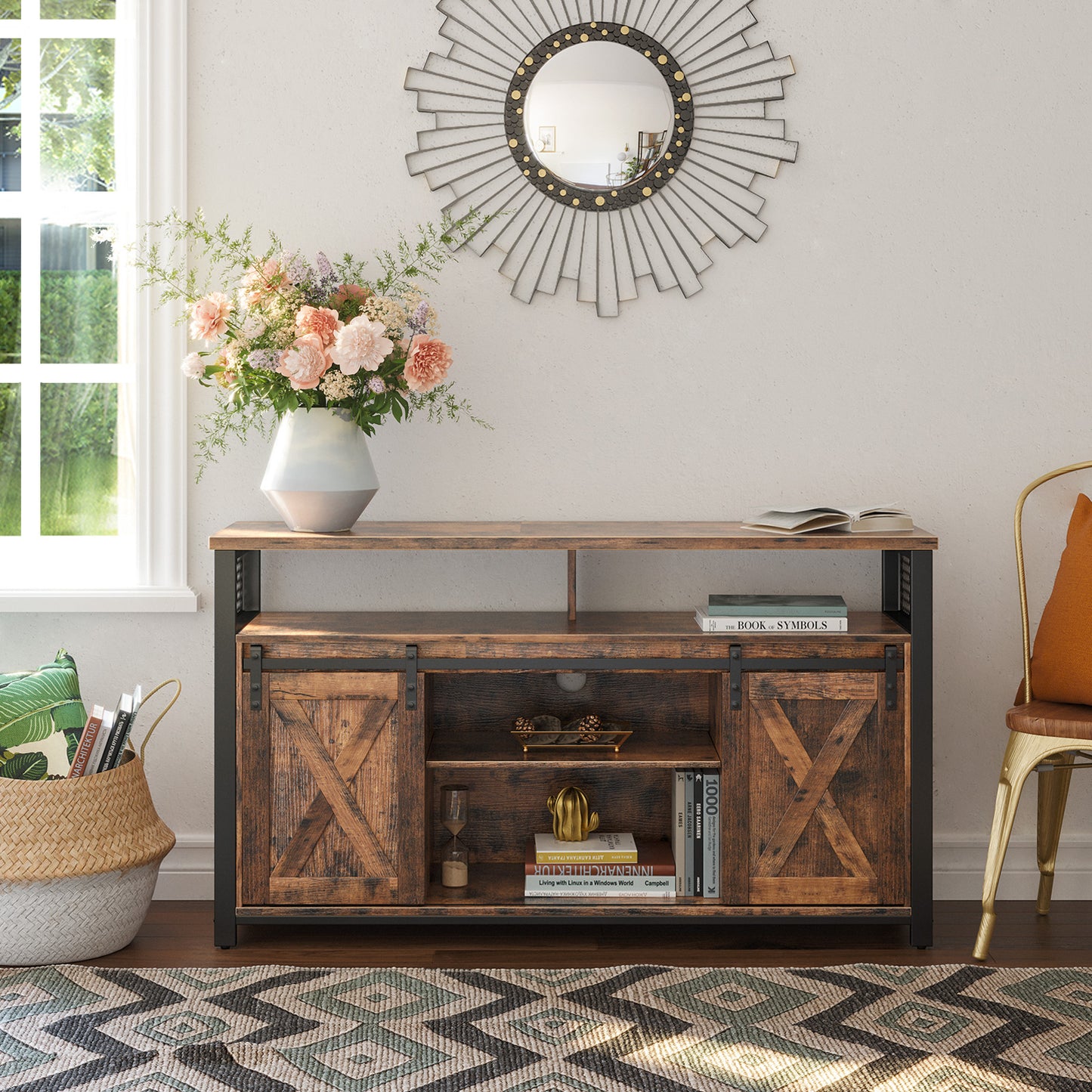 VASAGLE TV Cabinet for 55-inch TVs with Sliding Barn Doors
