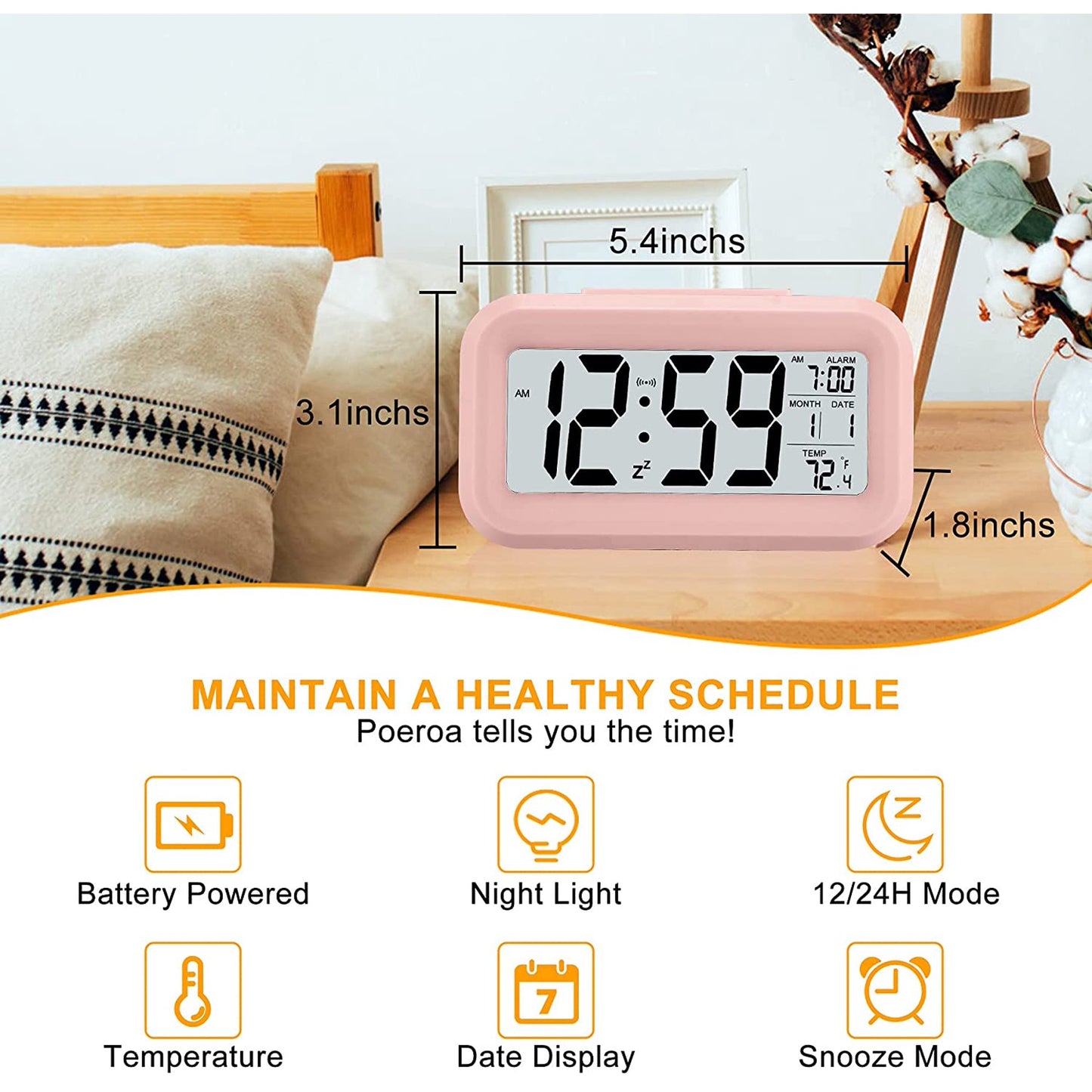 Smart LCD Night Light Digital Date Temperature Alarm Clock Black